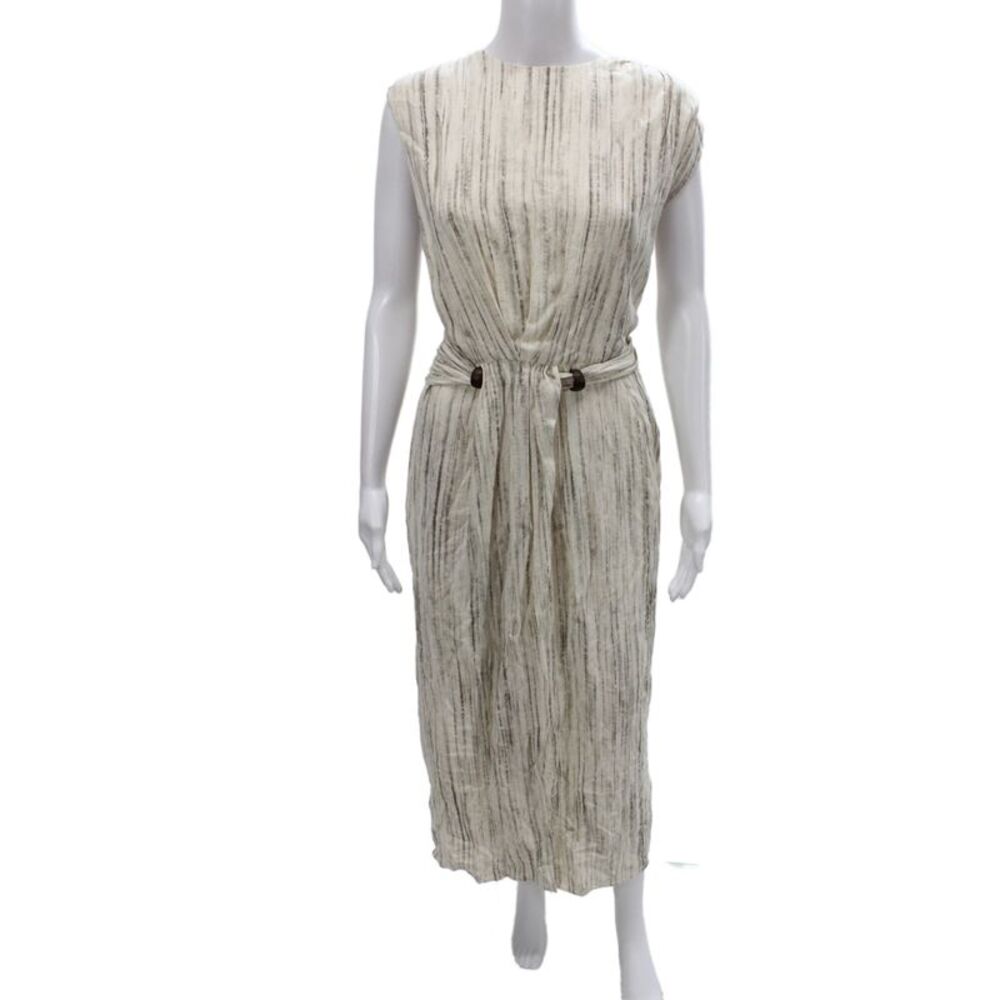 Fabrique Women Maxi Dress Beige Striped Sleeveless Round Neck Zip Size XL